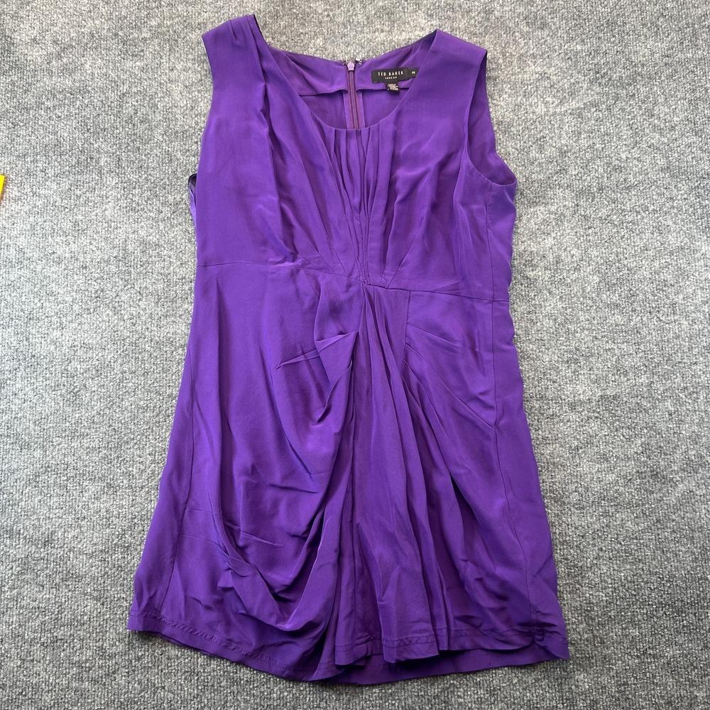 Ted Baker Party Cocktail Dress Womens 2 Purple Silk Sleeveless Pleated Back Zip